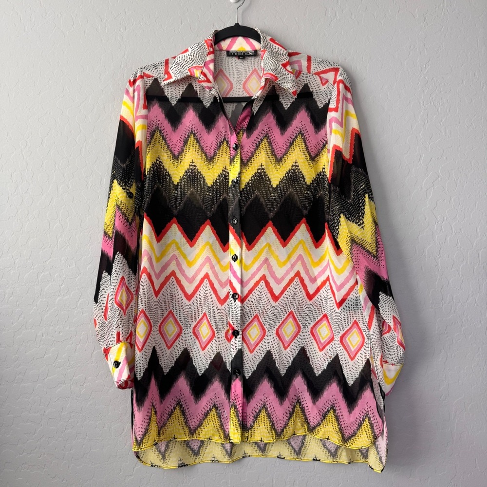 Mishca Button Down Long Sleeve Tunic Top Zig Zag Diamond Multicolor Medium